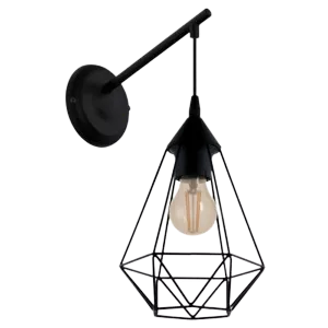 Darc — Applique murale suspendue en forme de pyramide transparente avec un bras articulé noir, éclairant une ampoule à lumière chaude sur fond noir.