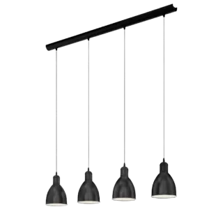 Darc — Applique murale suspendue composée de quatre lumières en forme de cloche, fixées par des bras métalliques noirs et blancs sur un mur, évoquant