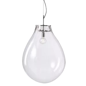 Darc — Applique murale suspendue de forme organique en verre blanc mat, fixée par un support métallique et éclairée par une ampoule intégrée, sur fond