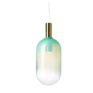 Darc — Une applique murale design suspendue, composée d’un cylindre turquoise translucide et d’une base blanche, fixée par un support métallique doré