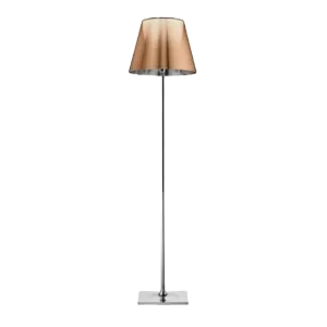 Darc — Une applique murale design avec un pied en métal chromé et un abat-jour beige en forme de cloche, montée sur un socle carré.