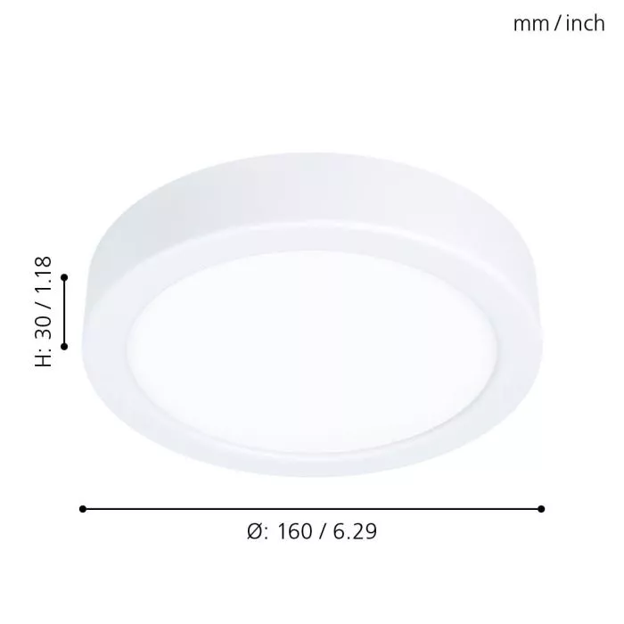 Darc — Plaque diffuseuse LED ovale transparente, mesurant 160 millimètres de diamètre et 30 millimètres de hauteur, avec indications des dimensions en