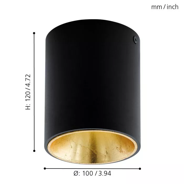 Darc — Applique murale cylindrique noire avec un intérieur doré brillant, haute de 120 millimètres et large de 100 millimètres, vue de face avec indic