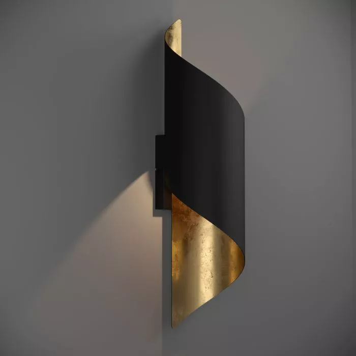 Darc — Applique murale en forme de rectangle incurvé, composée d'une partie noire mate et d'une section dorée brillante projetant une lumière douce su