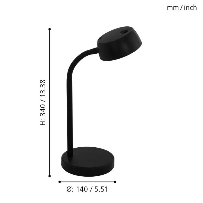 Darc — Lampe de bureau noire en forme de bras articulé, mesurant 340 millimètres de haut avec une base circulaire de 140 millimètres de diamètre, idéa