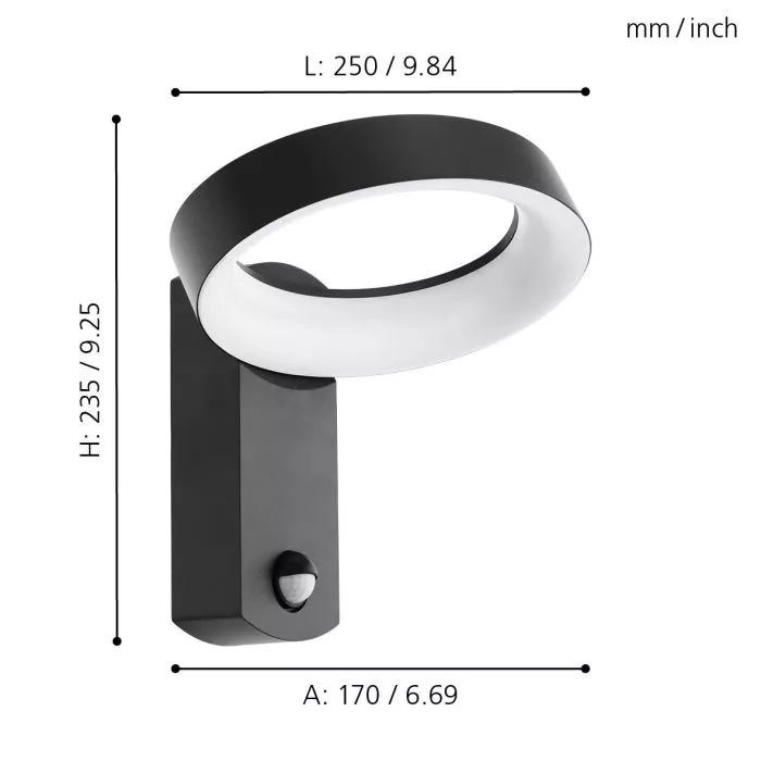 Darc — Applique murale élégante en forme d'anneau asymétrique, noire et blanche, fixée sur un socle rectangulaire. Hauteur 235 mm, largeur 250 mm et p