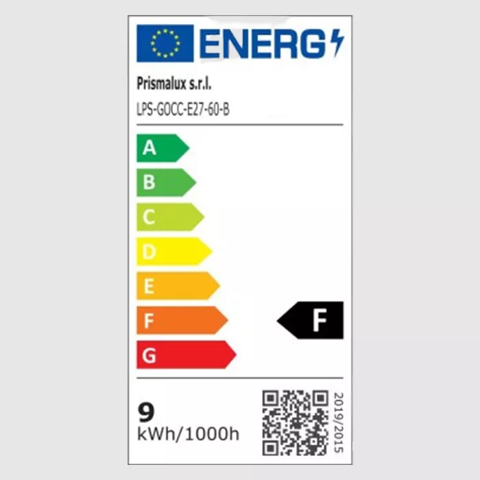 Darc — Étiquette énergétique européenne affichant un luminaire Prismalux de modèle LPS-GOCC-E27-60-B avec une classe énergétique F, indiquant une cons