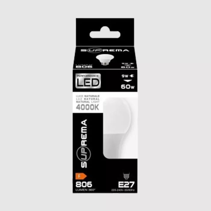 Darc — Emballage d'une ampoule LED Suprema de 9 watts, équivalente à 60 watts, avec une lumière naturelle de 4000 kelvins, vis E27, présentée dans un