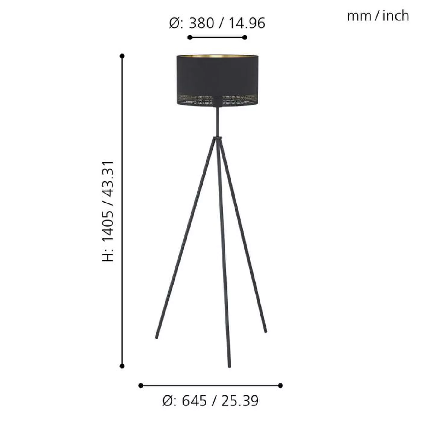 Darc — Lampe design sur pied tripode noir, avec un abat-jour cylindrique de 380 millimètres de diamètre et une hauteur totale de 1405 millimètres. Str