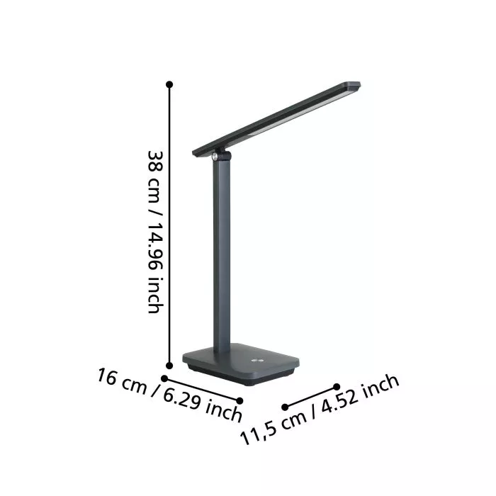 Darc — Lampe de bureau moderne en position verticale, mesurant 38 centimètres de haut, avec un bras articulé pour diriger la lumière, posée sur une ba
