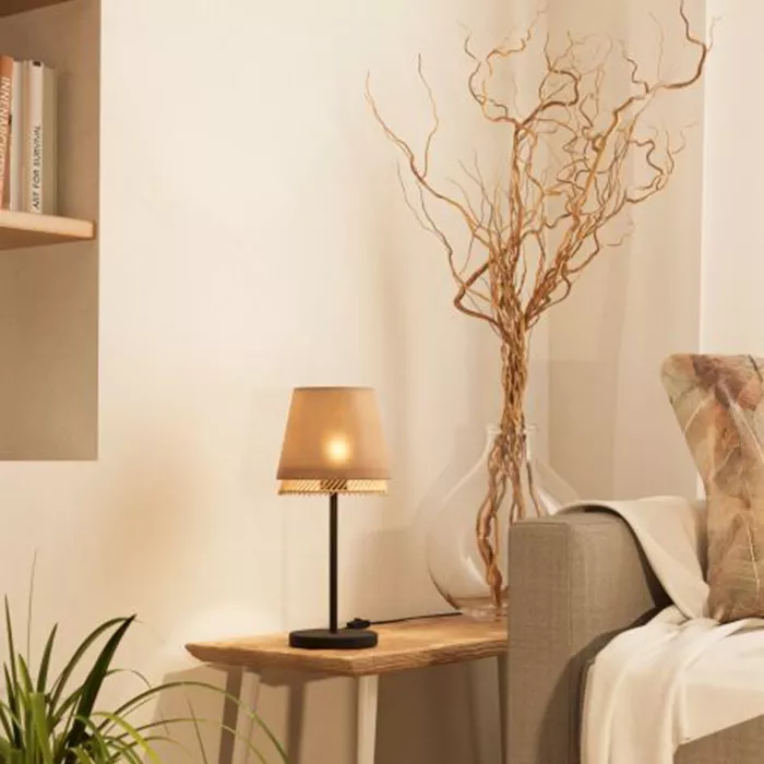 Darc — Une lampe sur pied à abat-jour beige éclairant une branche sculpturale dorée posée sur une table basse en bois clair, près d’un lit avec une co
