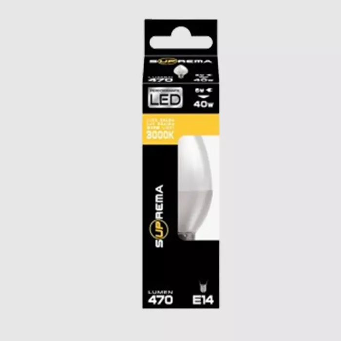 Darc — Emballage d'une ampoule LED de forme E14, puissance équivalente à 40 watts, température de couleur de 3000 kelvins, indiquant une lumière blanc