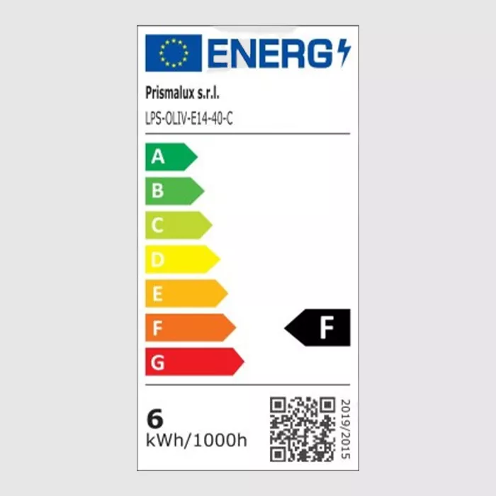 Darc — Étiquette énergétique européenne d'un luminaire Prismalux de référence LPS-OLIV-E14-40-C, classée en catégorie F avec une consommation de 6 kil