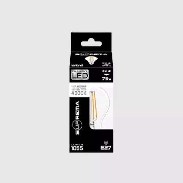 Darc — Emballage d'une ampoule LED Suprema au design filament, puissance équivalente à 75 watts, culot E27, température de couleur 4000K pour une lumi