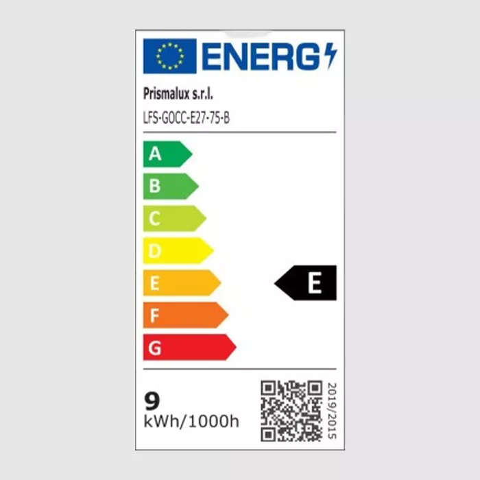 Darc — Étiquette énergétique affichant la classe E en noir, avec une consommation de 9 kilowattheures pour mille heures d'utilisation, produite par Pr