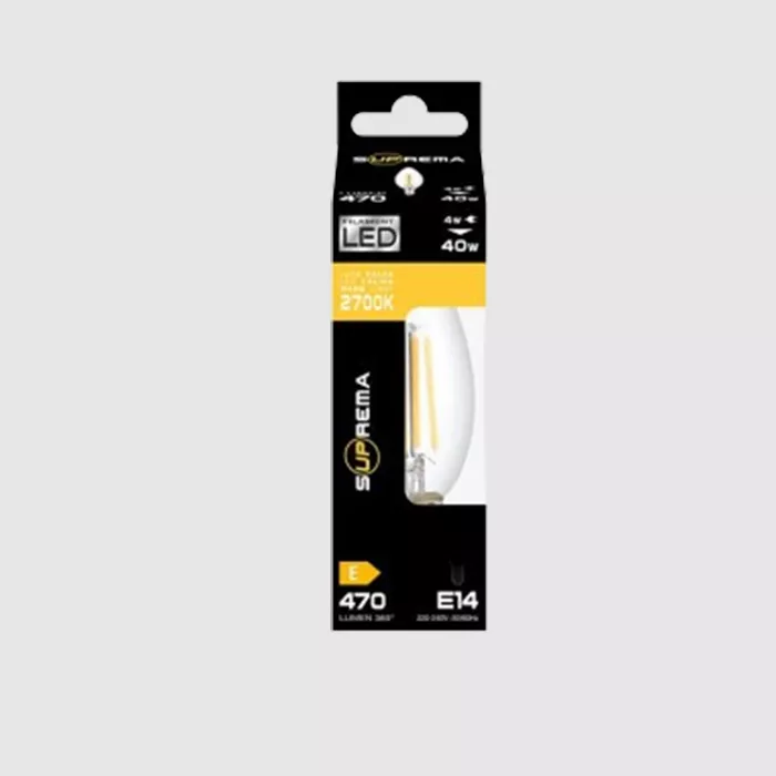 Darc — Ampoule LED Suprema de forme classique, emballée dans un sachet noir et jaune, indiquant une puissance équivalente de 40 watts, une température