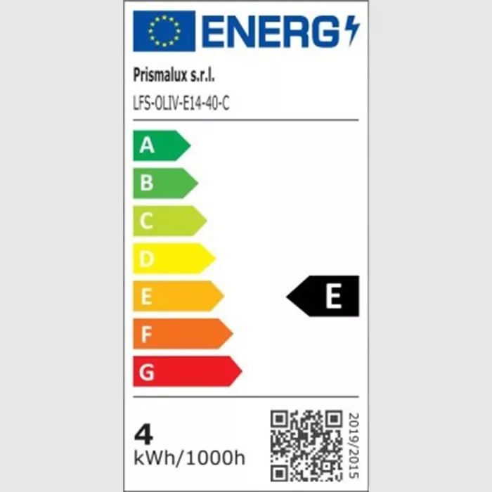 Darc — Étiquette énergétique d'un luminaire Prismalux modèle LFS-OLIV-E14-40-C affichant une classe E avec une consommation de 4 kilowattheures pour 1