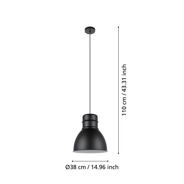 Darc — Applique suspendue noire en forme de cloche, mesurant 38 centimètres de diamètre et 110 centimètres de hauteur, suspendue par un câble noir.