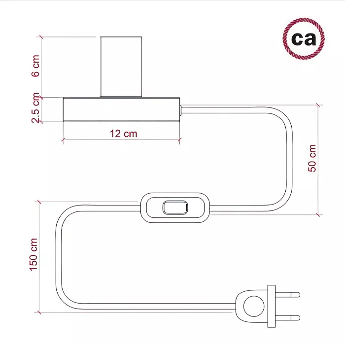 Darc — Plan technique d’un câble chauffant flexible de 150 cm de long, 50 cm de hauteur maximale et 12 cm de largeur à la base, avec une prise électri