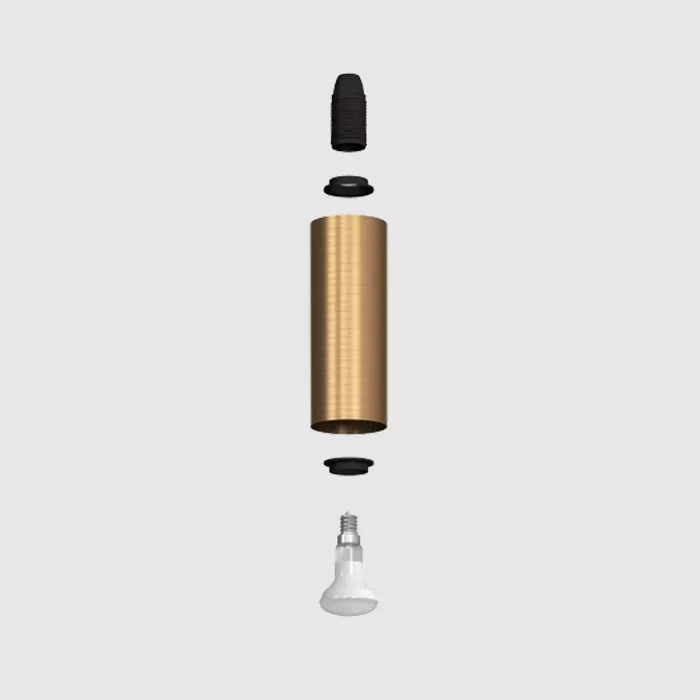 Darc — Ensemble composé d'une ampoule LED transparente à culot E14, d'un cylindre doré texturé et d'une pièce noire supérieure, présenté en vue éclaté