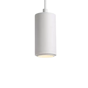 Darc — Applique murale en forme de cylindre blanc suspendue contre un mur noir, émettant une lumière douce et uniforme par le bas