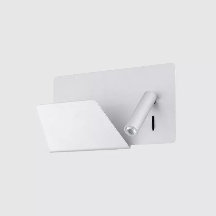 Darc — Applique murale blanche en forme de rectangle avec un bras articulé et une tête orientable équipée d'une ampoule LED, idéale pour éclairer avec