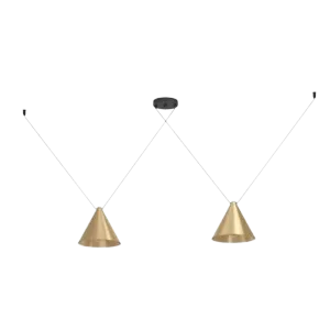 Darc — Deux pyramides dorées symétriques soutiennent une ligne brisée en forme de V inversé, composée de petits carrés blancs sur fond noir, évoquant
