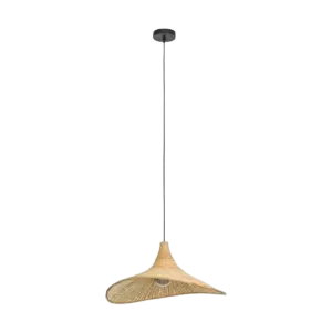 Darc — Applique murale suspendue composée d’un tube métallique blanc et d’un abat-jour en bois clair aux formes organiques, fixée sur un socle triangu