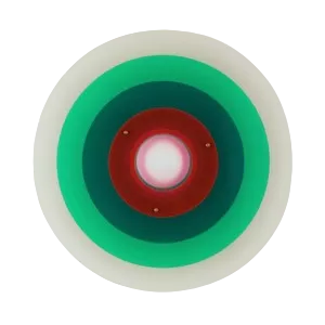 Darc — Un objectif photo montrant un effet bokeh avec un cercle lumineux rouge au centre entouré de dégradés verts et blancs, simulant une profondeur
