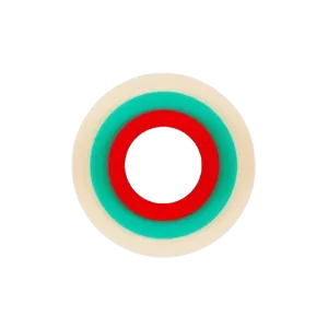 Darc — Logo circulaire pixelisé aux couleurs rouge, turquoise et blanc, évoquant un style rétro années 80 avec un motif central géométrique