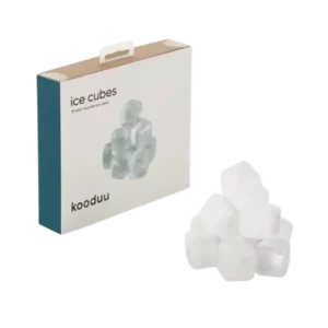 Darc — Emballage blanc et bleu d’un produit nommé ice cubes Kooduu contenant 30 cubes de glace design, posé à côté d’un cube de glace blanc en forme d