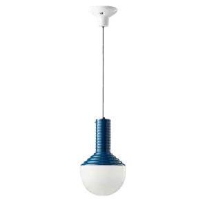 Darc — Applique murale suspendue en métal et verre, composée d’un corps blanc et d’un diffuseur bleu, fixée par une tige métallique et un système de f