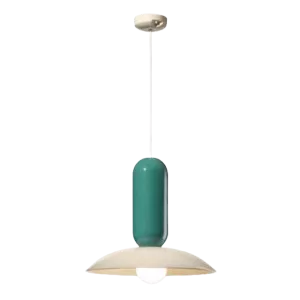 Darc — Applique murale fixée au mur avec un abat-jour cylindrique vert clair et une base blanche en forme de carré ajouré, montée sur un support métal