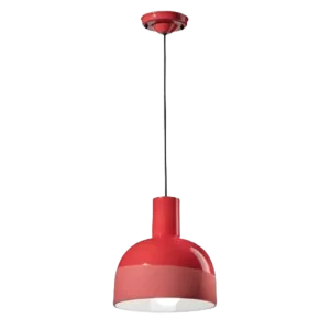 Darc — Applique murale suspendue en forme de cloche rouge et blanche, fixée par un bras métallique sur fond noir, avec une lumière douce émanant de la