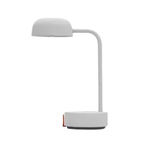 Darc — Lampe de bureau blanche en forme de L, avec un bras articulé et une base plate, sur fond noir. La lumière est orientable pour un éclairage préc
