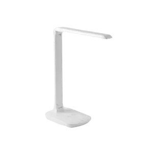 Darc — Lampe blanche minimaliste avec un pied étroit et un bras articulé orienté vers le haut, sur fond noir