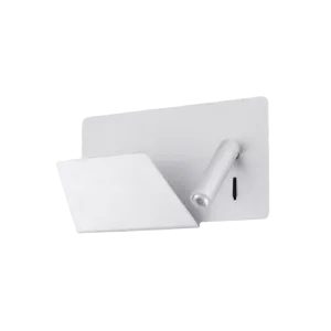 Darc — Applique murale blanche en forme de L, fixée au mur avec un bras articulé et une tête d’éclairage orientable, sur fond noir.