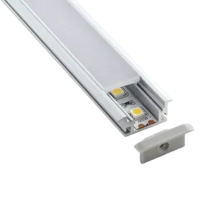 Darc — Un bandeau lumineux LED blanc encastré dans un profilé métallique, avec trois ampoules LED allumées de couleur chaude, monté sur fond noir.