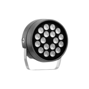 Darc — Projecteur professionnel en métal noir et argent avec une grille de 20 diodes LED blanches allumées, disposées en matrice carrée, sur fond noir