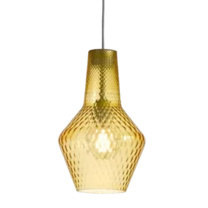 Darc — Applique suspendue en verre texturé de couleur ambre doré, émettant une lumière douce et chaude, fixée par un câble métallique sur fond noir