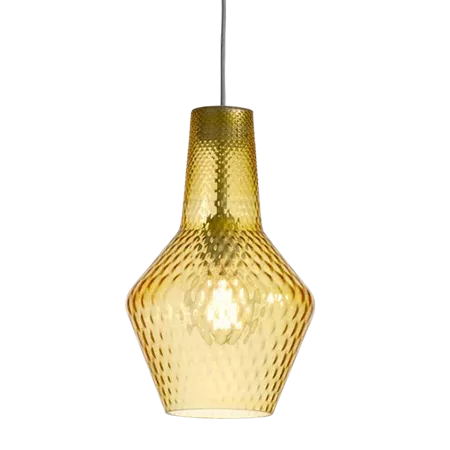 Darc — Applique suspendue en verre texturé de couleur ambre doré, émettant une lumière douce et chaude, fixée par un câble métallique sur fond noir