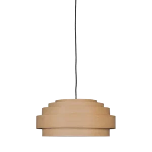 Darc — Applique murale en bois clair aux formes épurées, suspendue par une tige chromée brillante, offrant une lumière douce et moderne.