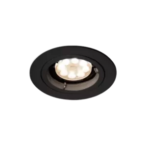 Darc — Un spot lumineux encastré de forme ronde, de couleur noire, avec un diffuseur blanc émettant une lumière douce et chaude, intégré dans un faux