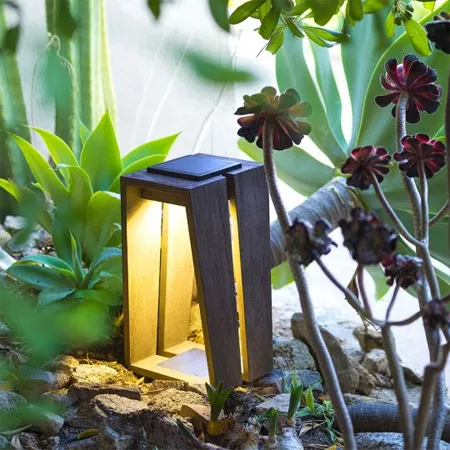 Darc — Un luminaire solaire en forme de cube en bois, éclairé à l'intérieur, posé sur un sol de jardin avec des plantes vertes et des fleurs séchées a