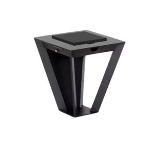 Darc — Un luminaire urbain futuriste en forme de pyramide inversée, entièrement noir avec une structure métallique triangulée et un écran plat intégré