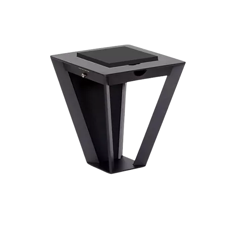 Darc — Un luminaire urbain futuriste en forme de pyramide inversée, entièrement noir avec une structure métallique triangulée et un écran plat intégré