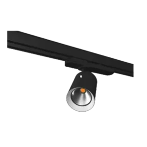 Darc — Un projecteur de type track monté sur un rail noir avec une tête orientable, émettant une lumière blanche intense et un point lumineux orange e