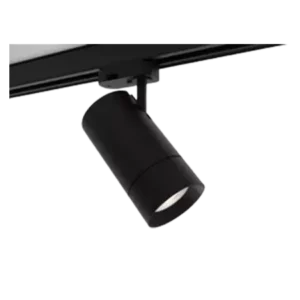 Darc — Projecteur encastrable de forme cylindrique noire, orientable sur rail, émettant un faisceau de lumière directionnelle intense, fixé sur un pro