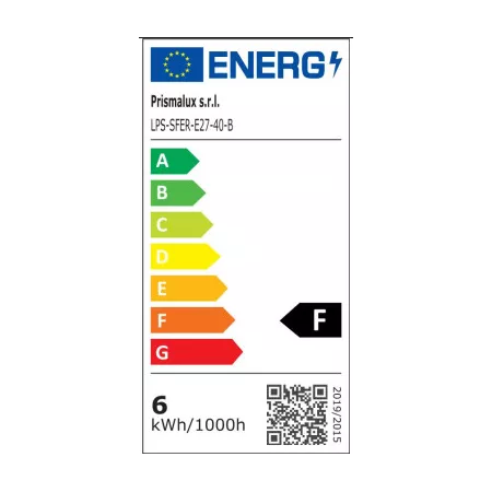 Darc — Étiquette énergétique d'une lampe LED PrismaLux de modèle LPS-SFER-E27-40-B, affichant une classe énergétique F, avec un indicateur de consomma