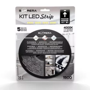 Darc — Emballage d'un kit de bande LED flexible, adhésive et résistante à l'eau de 5 mètres de long, alimenté en 12 volts, produisant une lumière blan
